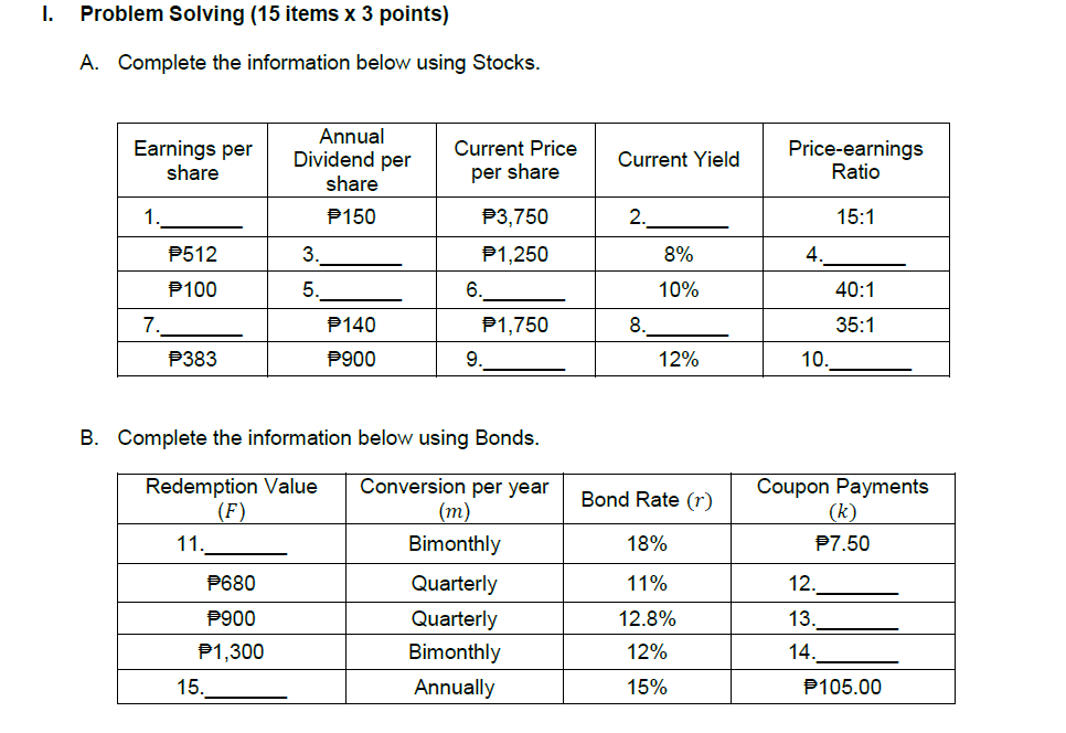 Solved 1. Problem Solving (15 items x 3 points) A. Complete