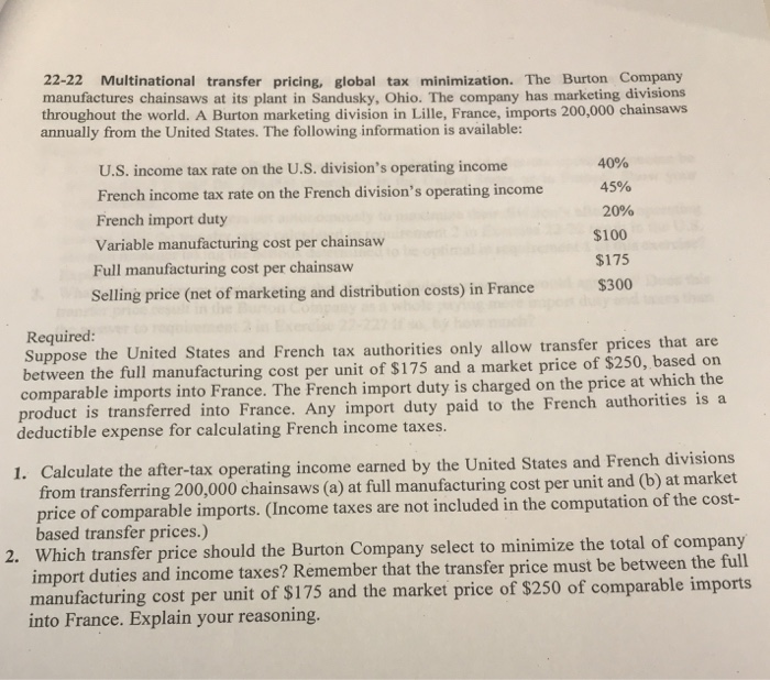 Solved 22 22 Multinational transfer pricing global tax Chegg