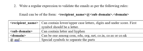 Solved 2. Write A Regular Expression To Validate The Emails | Chegg.com