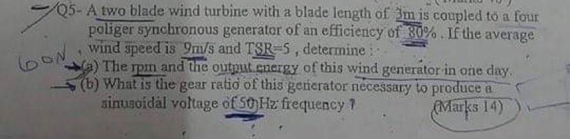 Solved (05- A two blade wind turbine with a blade length of | Chegg.com