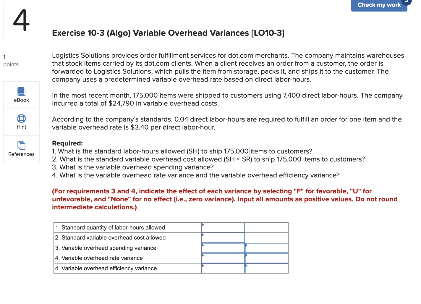 Solved exercise 10 3 algo variable overhead variances chegg
