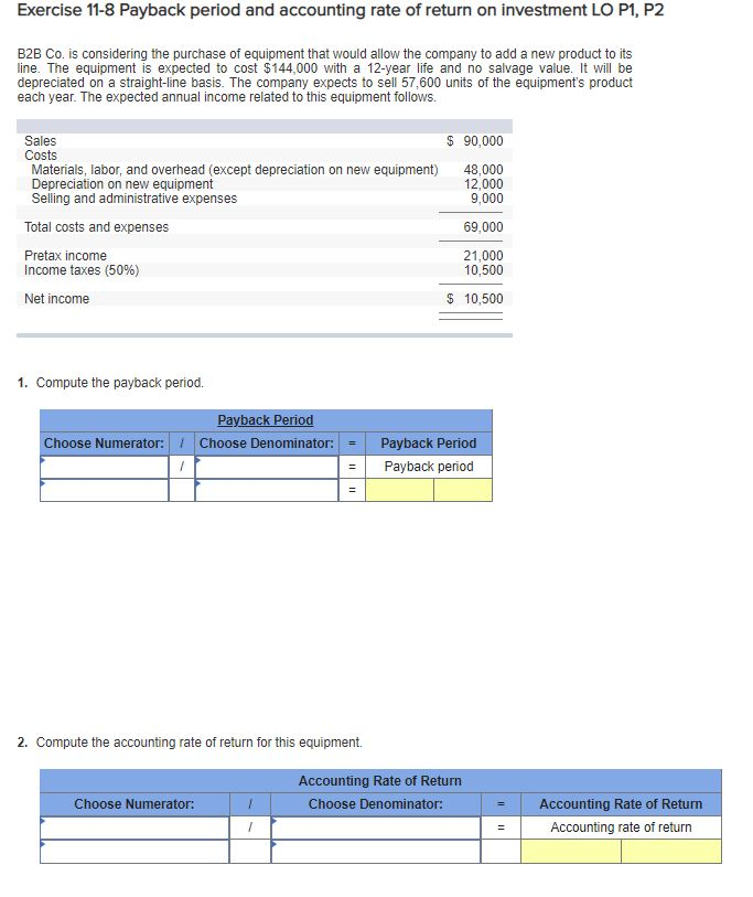 Solved Exercise 11 8 Payback Period And Accounting Rate Of