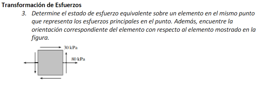 Transformación de Esfuerzos 3. Determine el estado de esfuerzo equivalente sobre un elemento en el mismo punto que representa