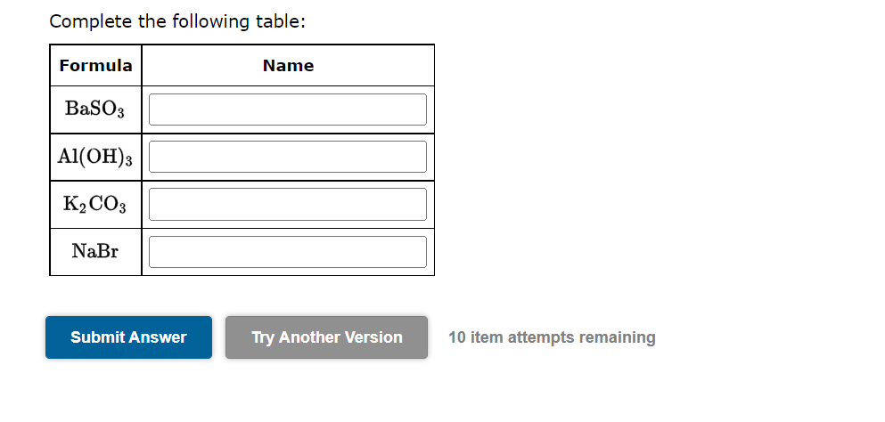 Complete the following table:
10 item attempts remaining