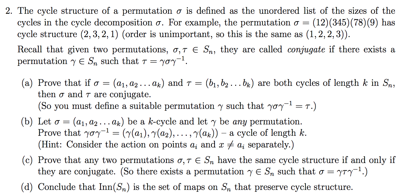 Solved 2. The cycle structure of a permutation o is defined | Chegg.com
