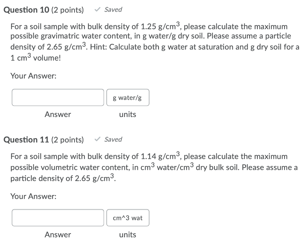 Solved For a soil sample with bulk density of 1.25