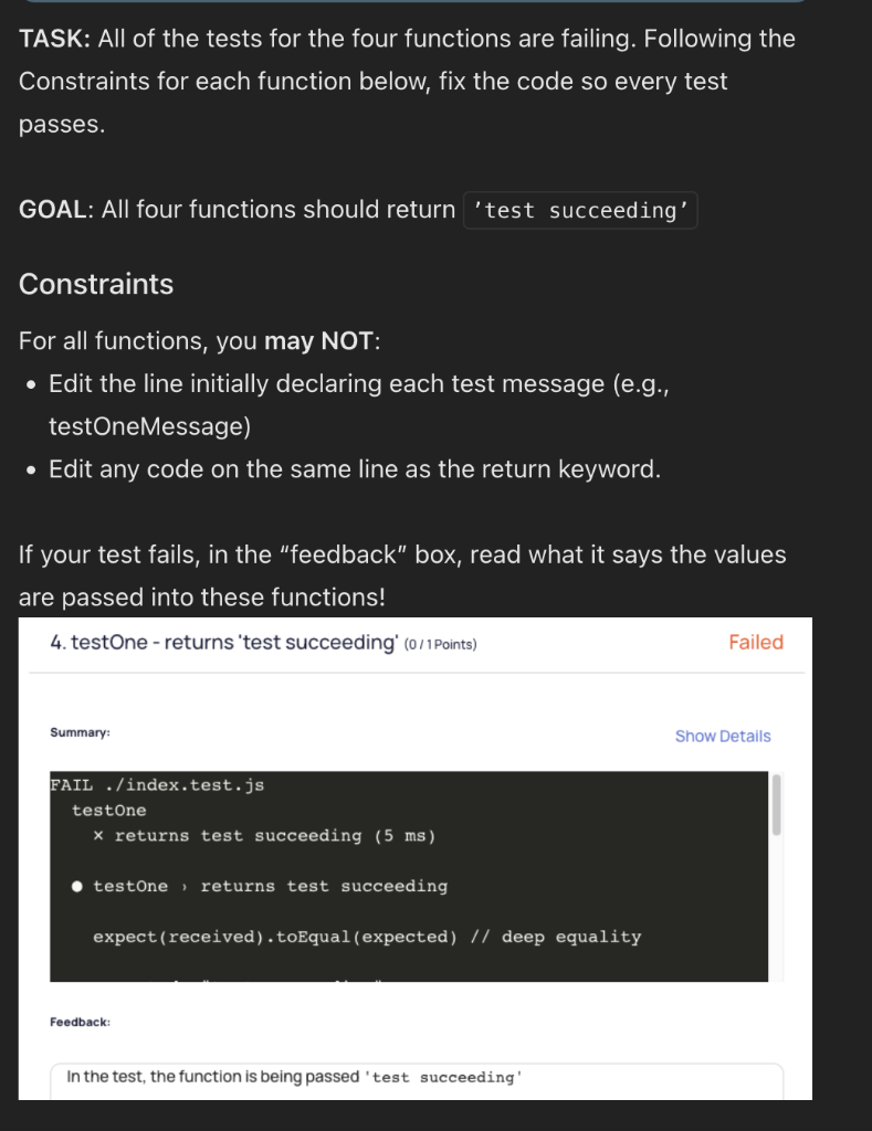 TASK: All of the tests for the four functions are | Chegg.com