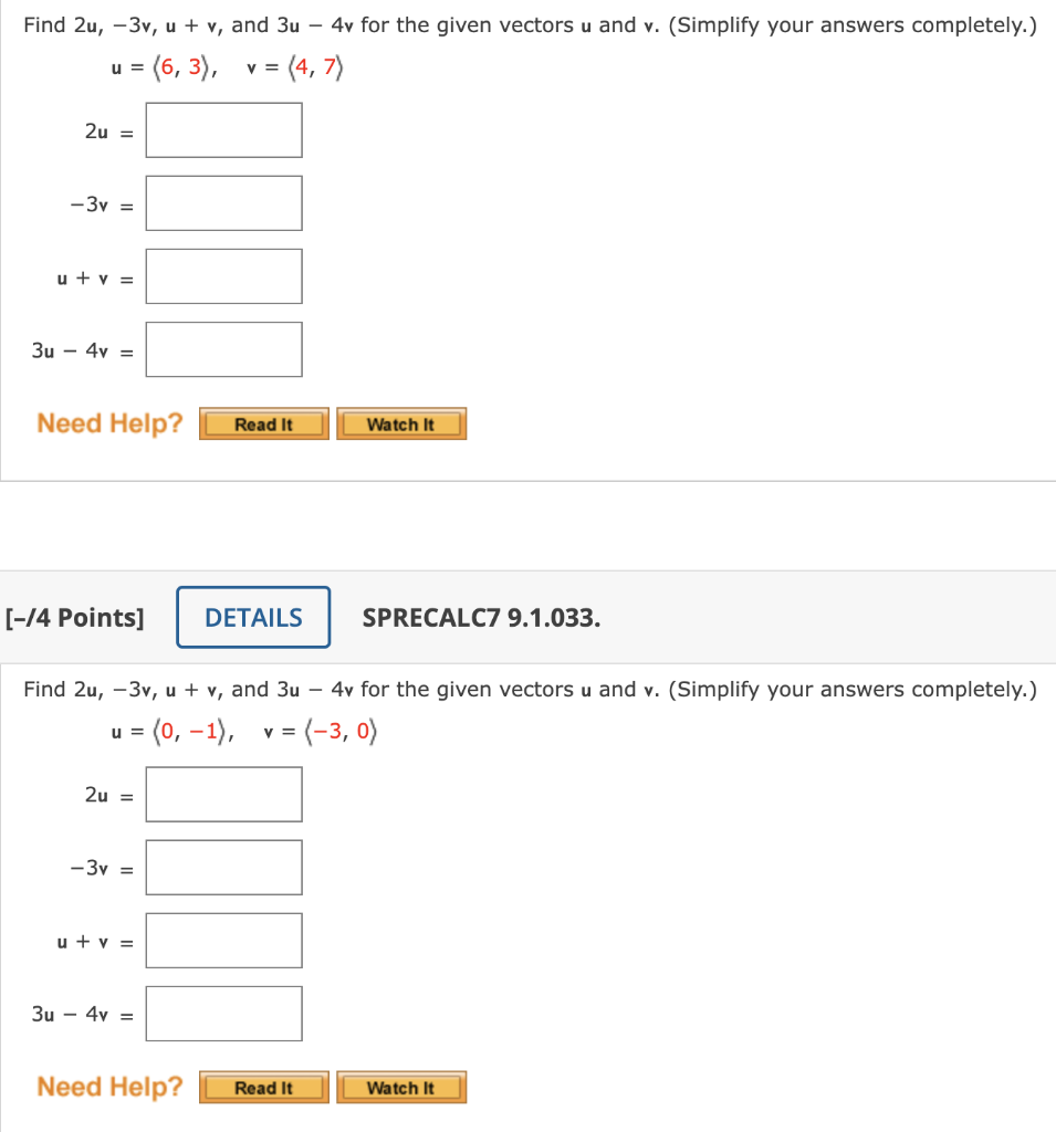 Solved Find 2u 3v U V And 3u 4v For The Given 7473