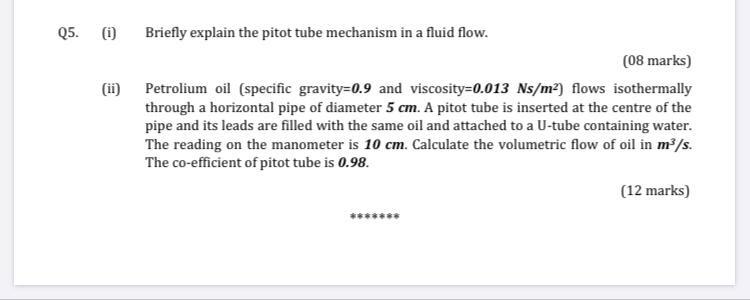 Solved Q5. (i) (ii) Briefly explain the pitot tube mechanism | Chegg.com