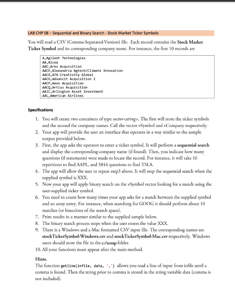 Solved LAB CHP 08 - Sequential and Binary Search - Stock | Chegg.com