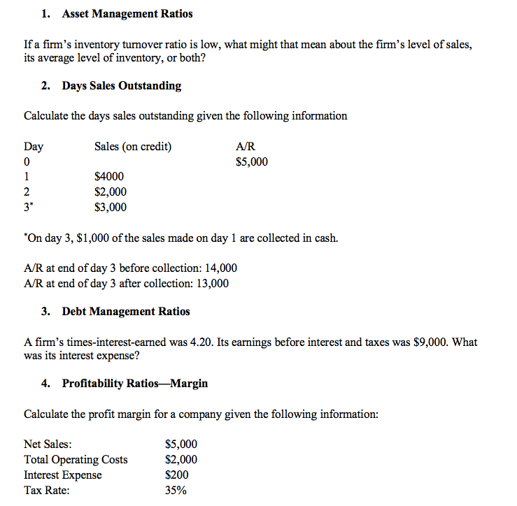 Solved 1. Asset Management Ratios If a firm's inventory