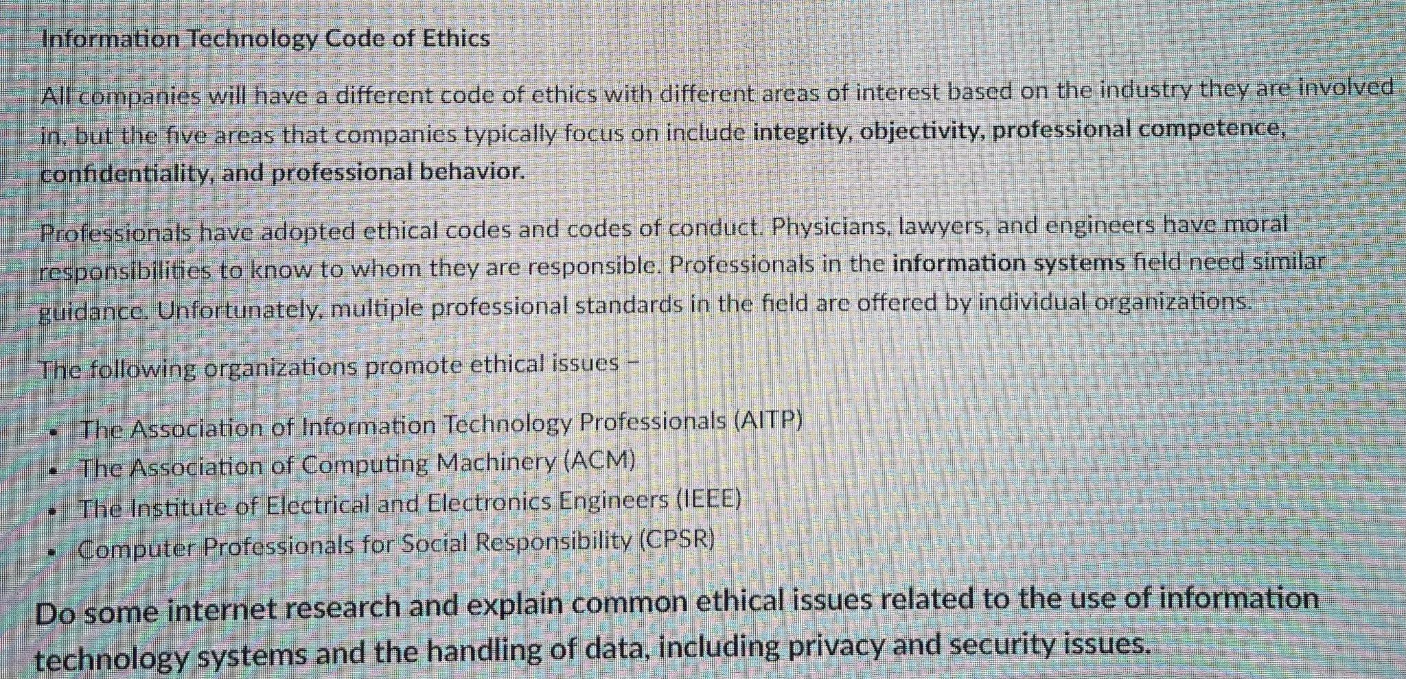 Solved Information Technology Code of Ethics All companies | Chegg.com