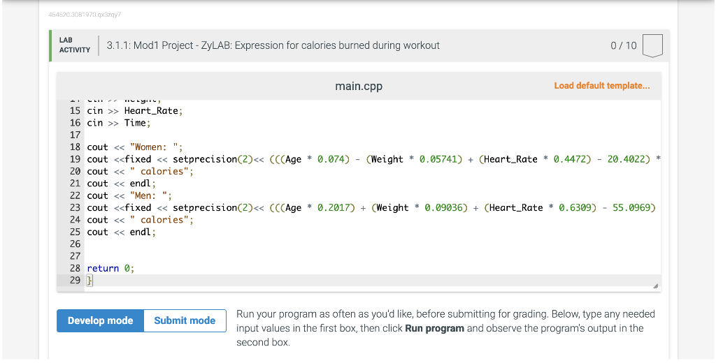 Solved 3.1 Mod1 Project - ZyLAB: Expression for calories | Chegg.com