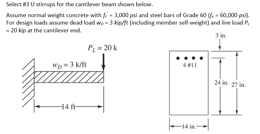 Solved Select #3 U stirrups for the cantilever beam shown | Chegg.com