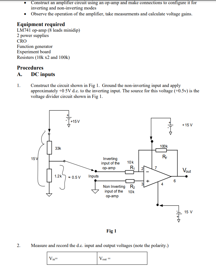 Solved Construct an amplifier circuit using an op-amp and Circuit Diagram