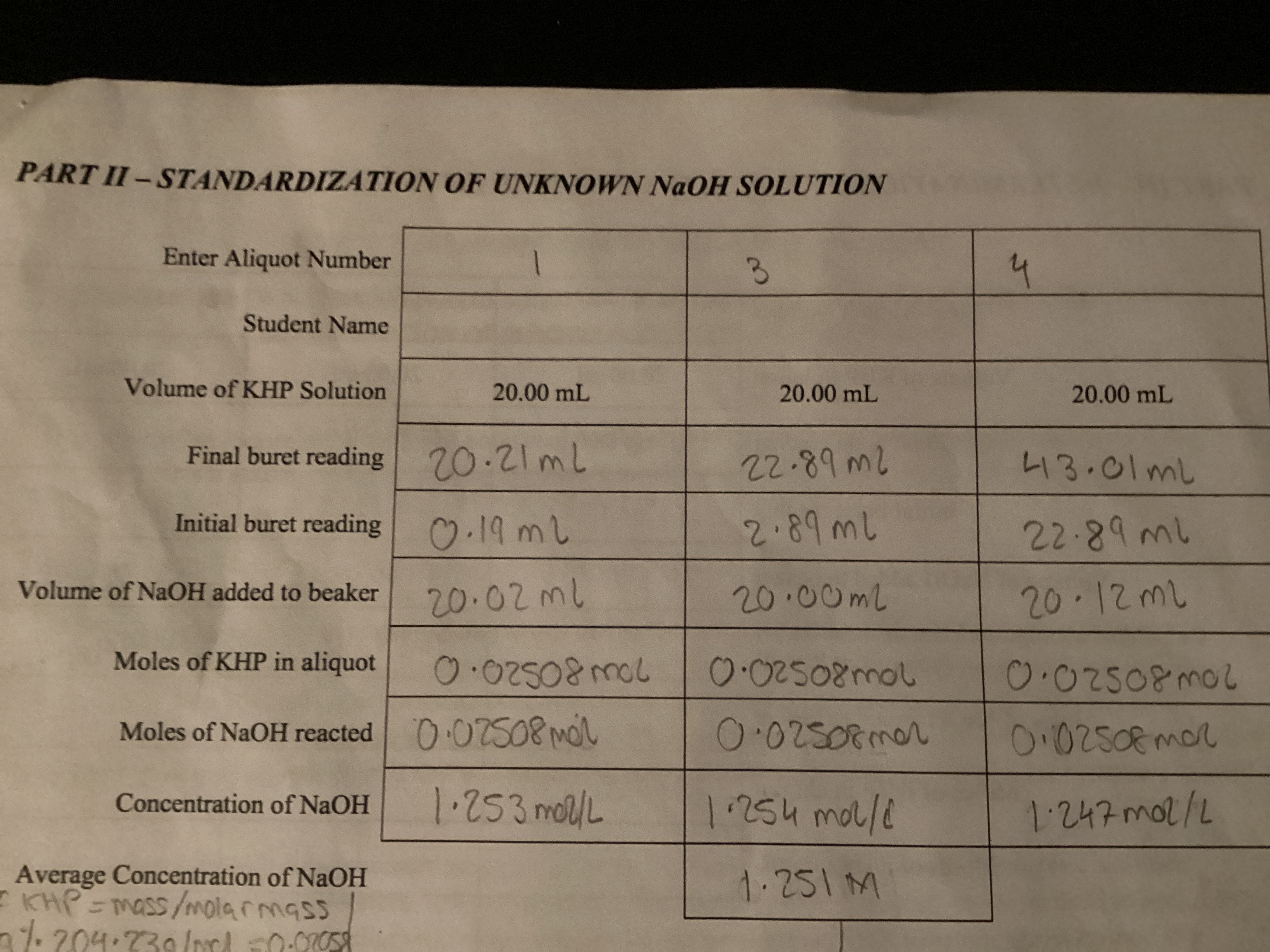 Solved PART III-DETERMINATION OF % PURTY OF IMPURE KHP | Chegg.com