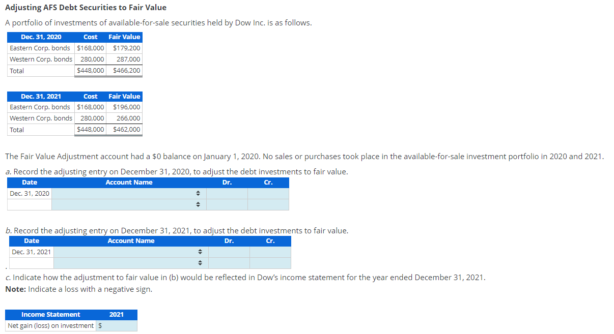 Solved Adjusting AFS Debt Securities to Fair Value A | Chegg.com
