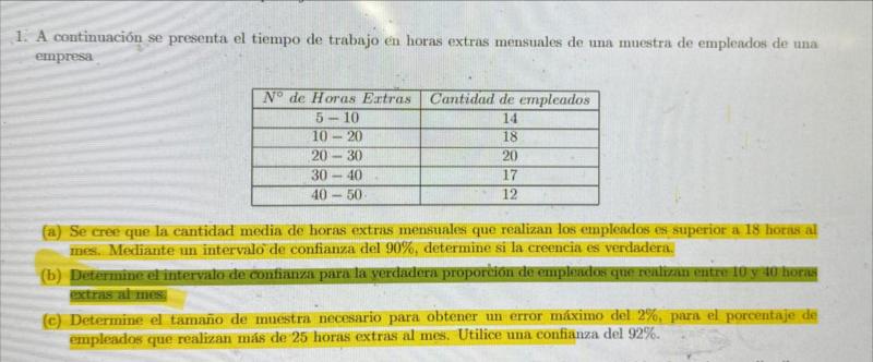 A continuación se presenta el tiempo de trabajo en horas extras mensuales de una muestra de empleados de una empresa (a) Se c