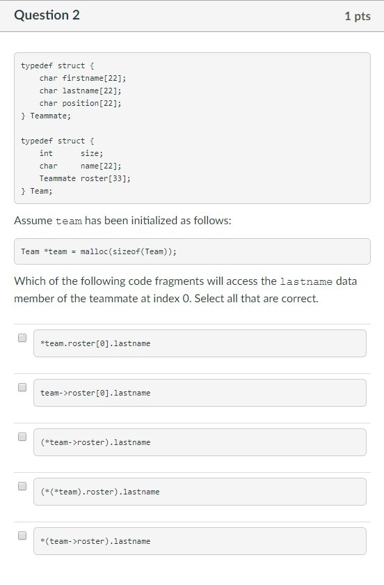 Solved Question 2 1 pts typedef struct f char firstname | Chegg.com