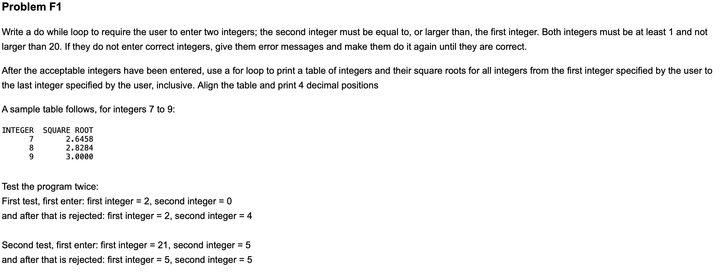 Solved Problem F1 Write a do while loop to require the user | Chegg.com