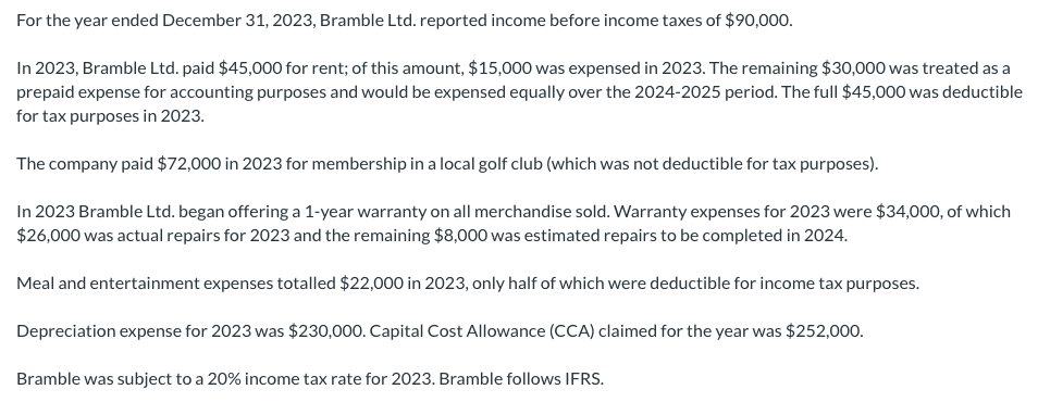 Solved For The Year Ended December 31, 2023, Bramble Ltd. | Chegg.com