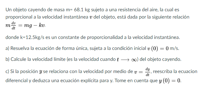 Solved A falling object of mass m = 68.1 kg subject to air | Chegg.com