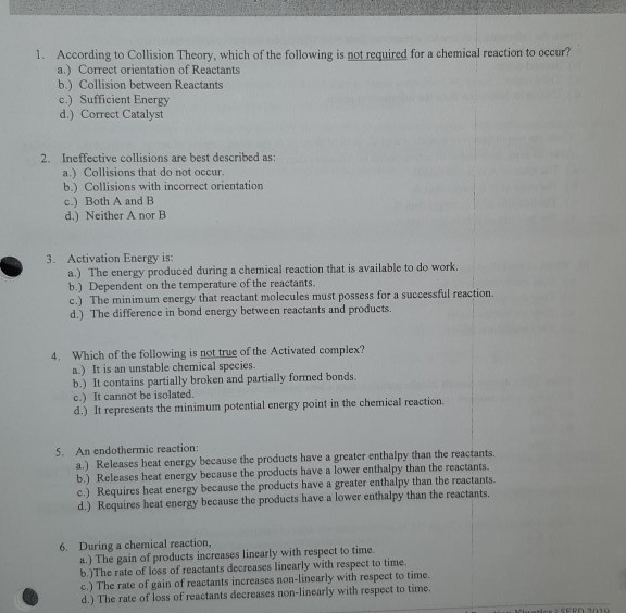 Solved According to Collision Theory, which of the following | Chegg.com