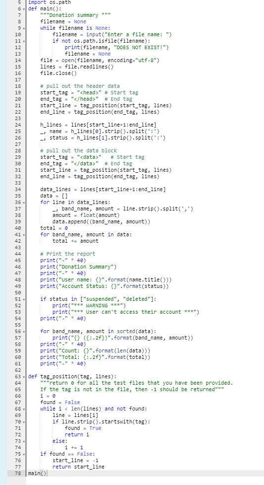 Solved 5 import os.path 6 def main): "Donation summary"" | Chegg.com