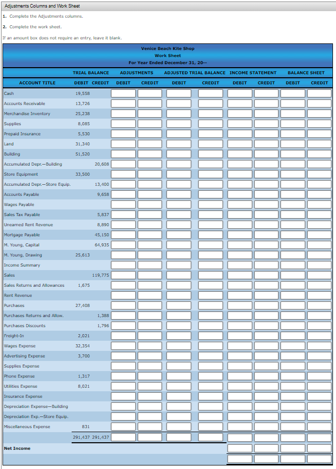 Solved Completion of a Work Sheet Showing a Net Income 1. | Chegg.com