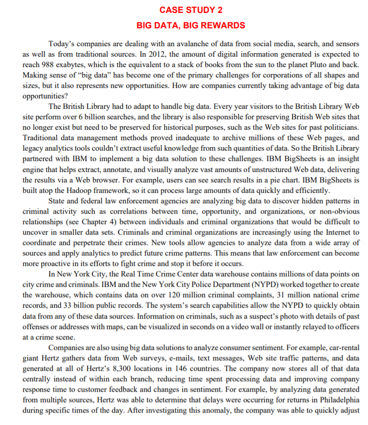 Solved CASE STUDY 2 BIG DATA, BIG REWARDS Today's companies | Chegg.com