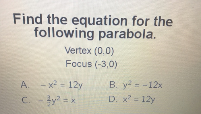 Solved Find The Equation For The Following Parabola Vertex