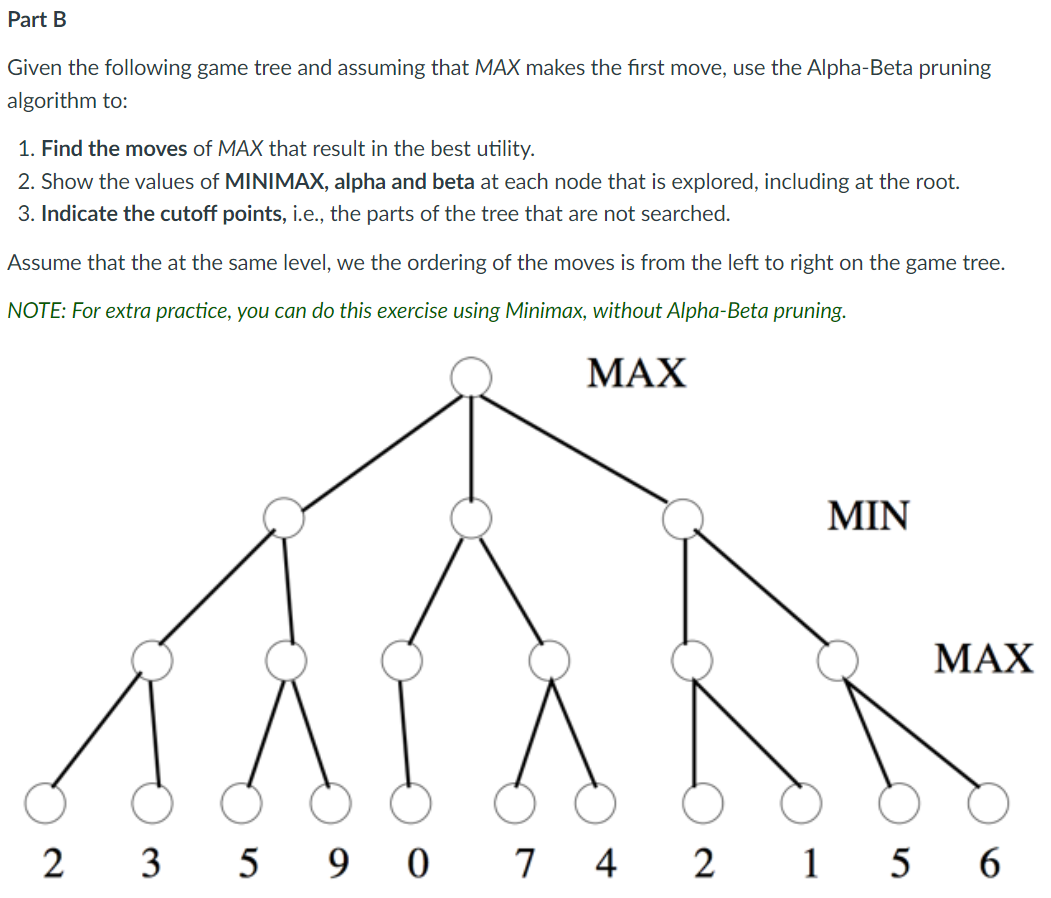 Given the following game tree and assuming that MAX makes the first move, use the Alpha-Beta pruning algorithm to:
1. Find th