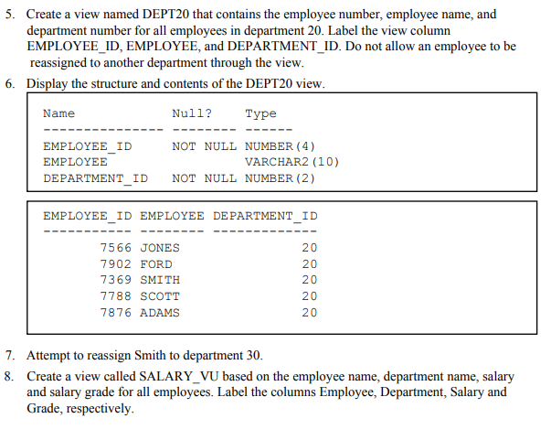 5. Create a view named DEPT20 that contains the | Chegg.com