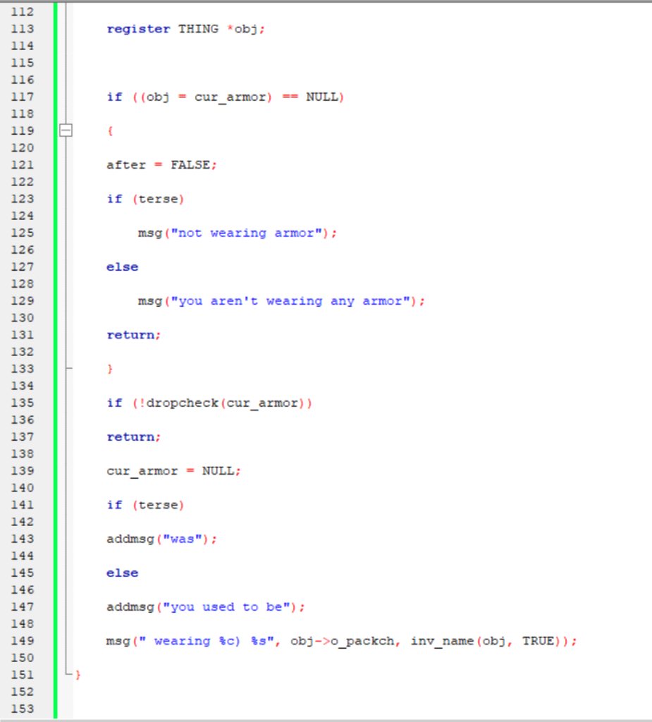 register THING *obj; if ((obj = cur_armor) == NULL) 112 113 114 115 116 117 118 119 120 121 122 123 124 125 126 after = FALSE