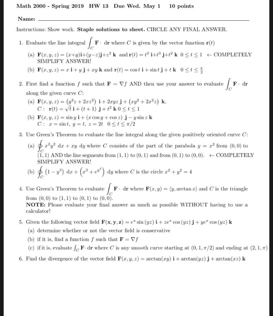 Solved Math 2000 - Spring 2019 HW 13 Due Wed. May 1 10 | Chegg.com