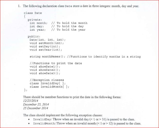 Solved 1. The following declaration class Date store a date | Chegg.com