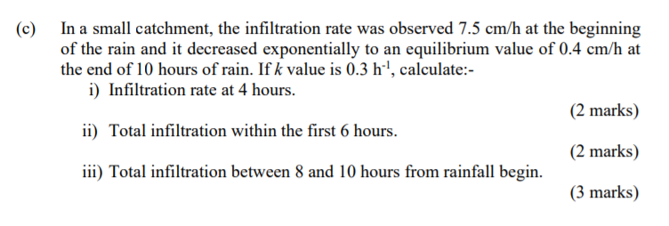 Solved (c) In a small catchment, the infiltration rate was | Chegg.com