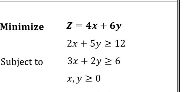 Solved Z=4x+6y2x+5y≥123x+2y≥6x,y≥0 | Chegg.com