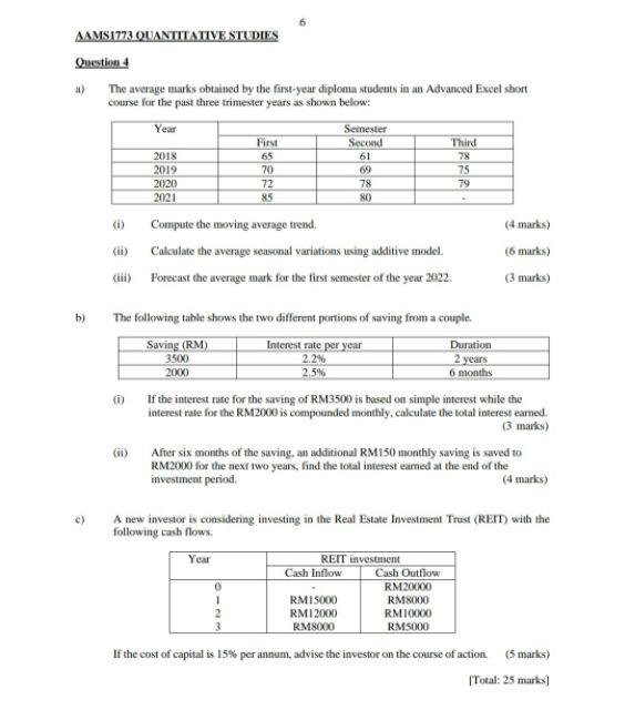 Solved AAMS1773 QUANTITATIVE STUDIES Question 4 The average | Chegg.com