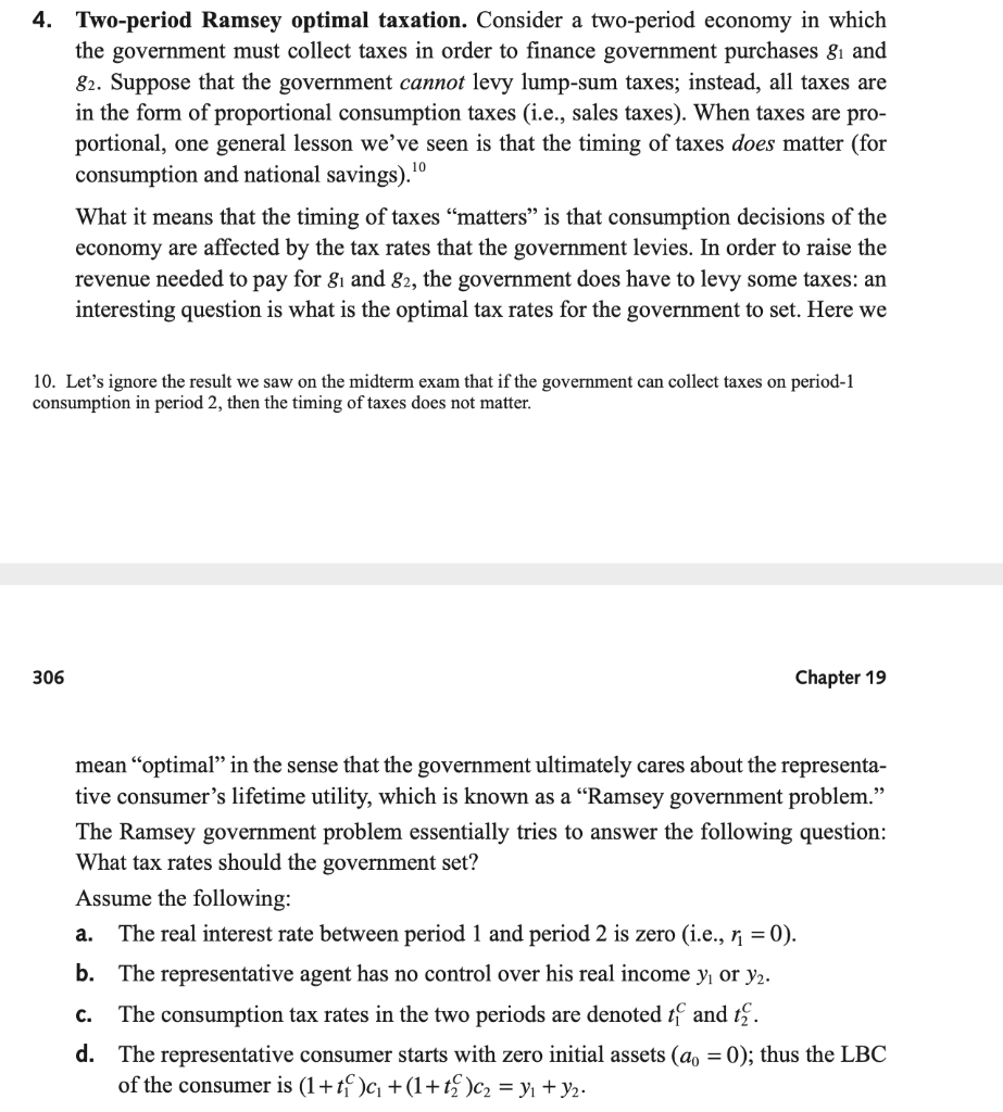 4. Two-period Ramsey optimal taxation. Consider a | Chegg.com