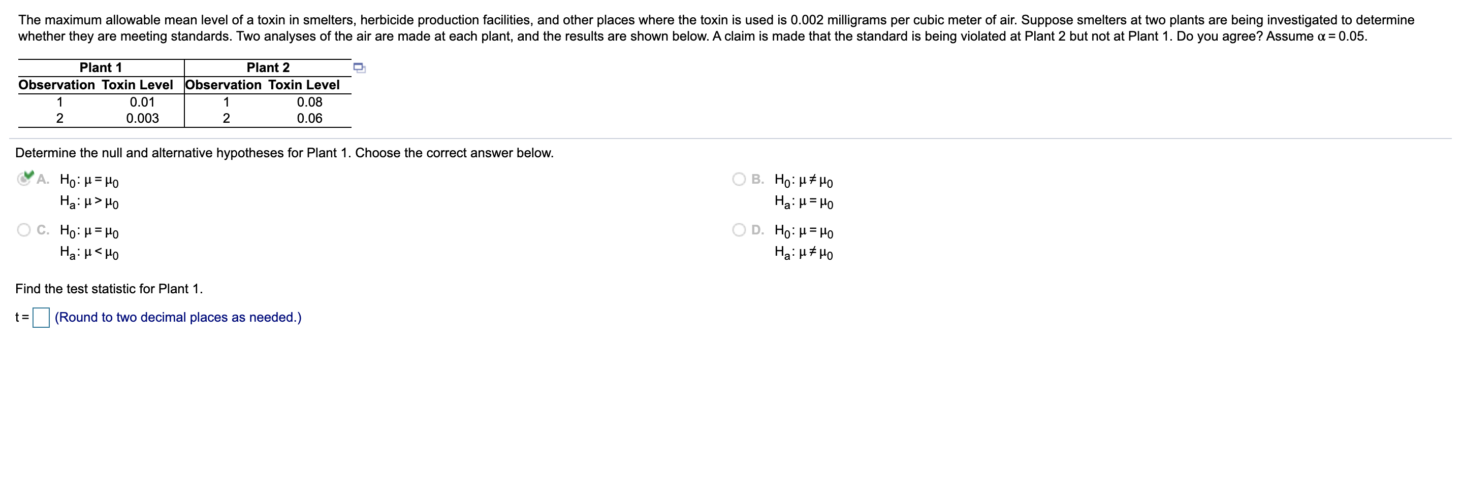 Solved The maximum allowable mean level of a toxin in | Chegg.com