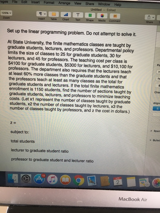 Solved Set up the linear programming problem. Do not attempt | Chegg.com