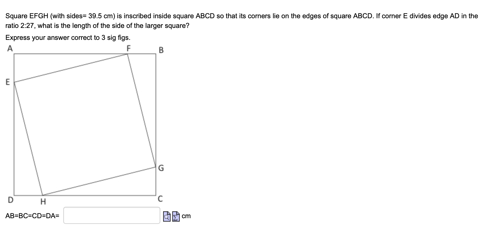 Solved Square EFGH (with sides= 39.5 cm) is inscribed inside | Chegg.com