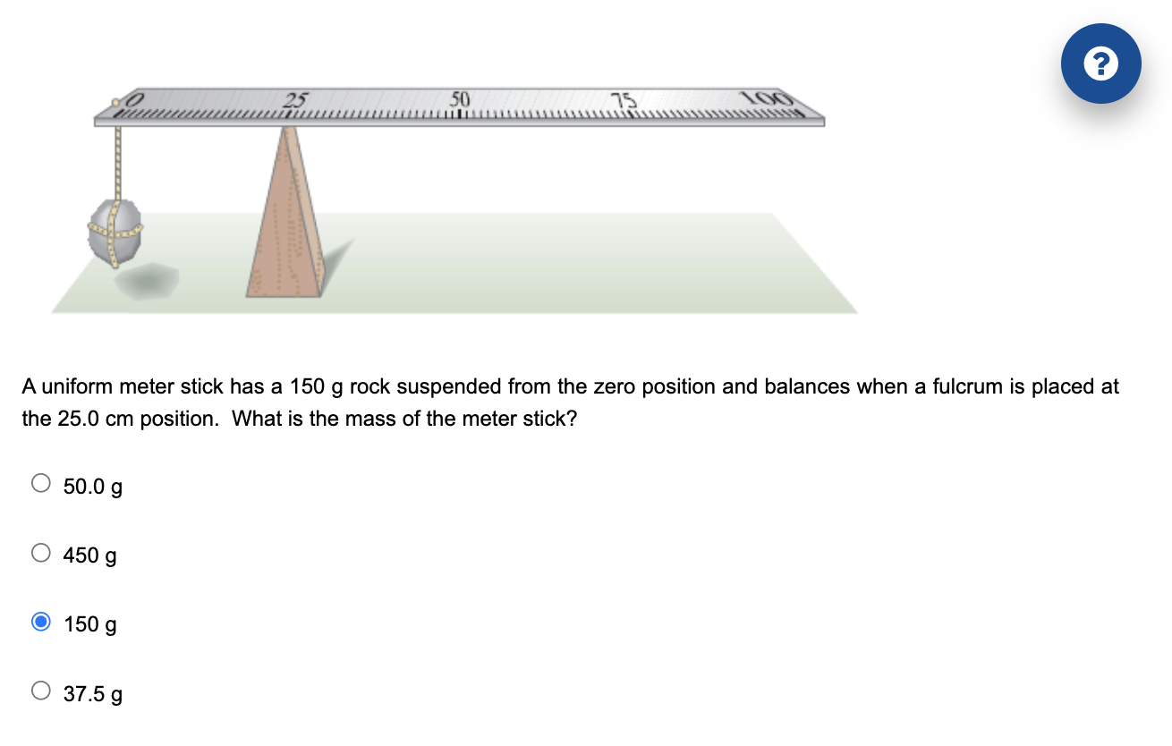 Solved ? 25 50 75 A uniform meter stick has a 150 g rock | Chegg.com