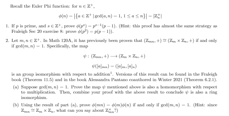 Solved Recall The Euler Phi Function: For N Ezt, $(n) = |{a | Chegg.com