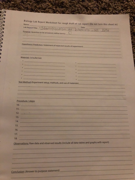 Biology Lab Report Worksheet for rough draft of lab | Chegg.com