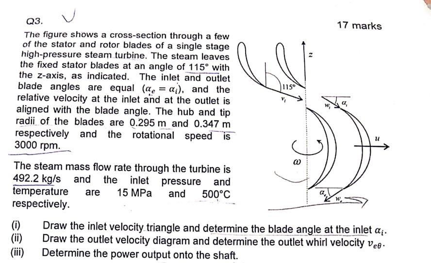 Q3.
The figure shows a cross-section through a few
of the stator and rotor blades of a single stage
high-pressure steam turbi