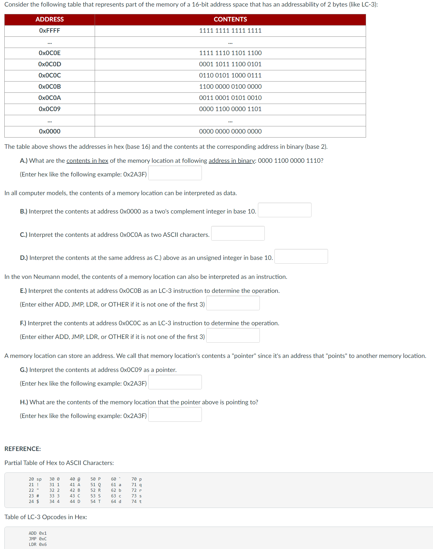 The table above shows the addresses in hex (base 16) | Chegg.com