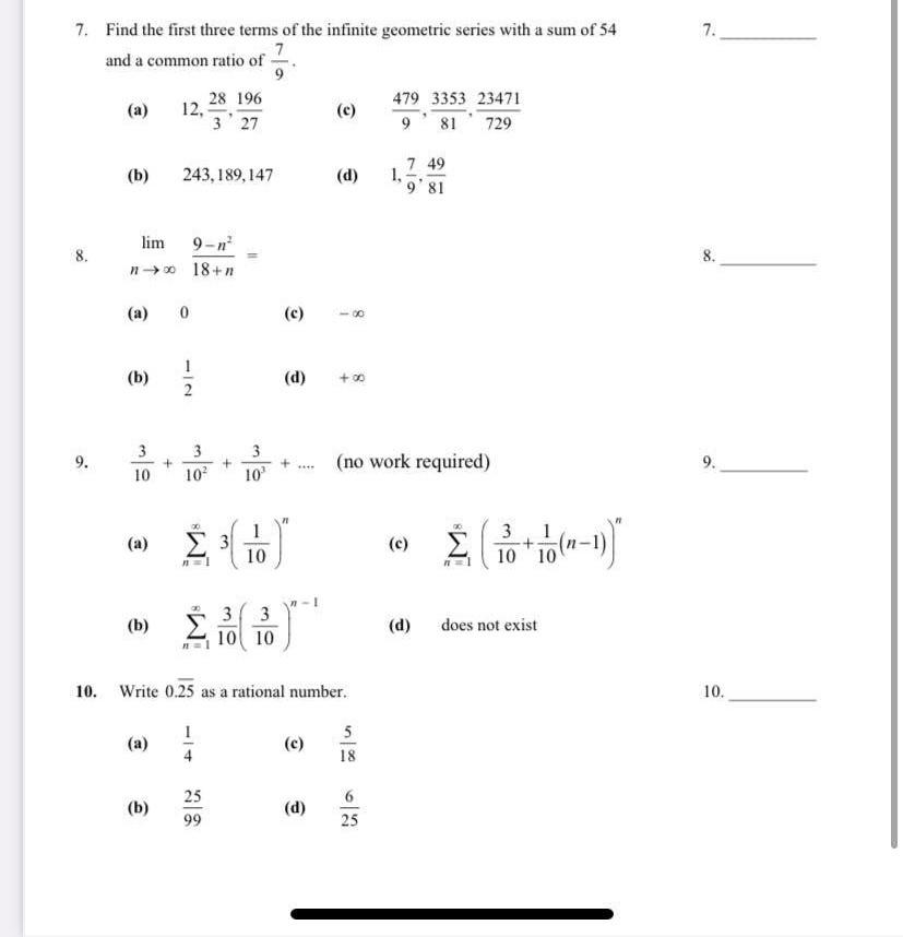Solved 7. Find the first three terms of the infinite | Chegg.com