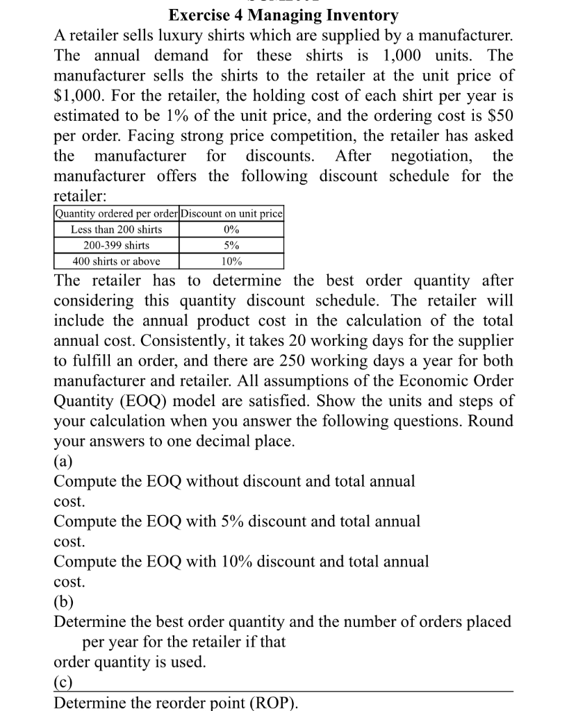 Solved 0% 10% Exercise 4 Managing Inventory A Retailer Sells | Chegg.com
